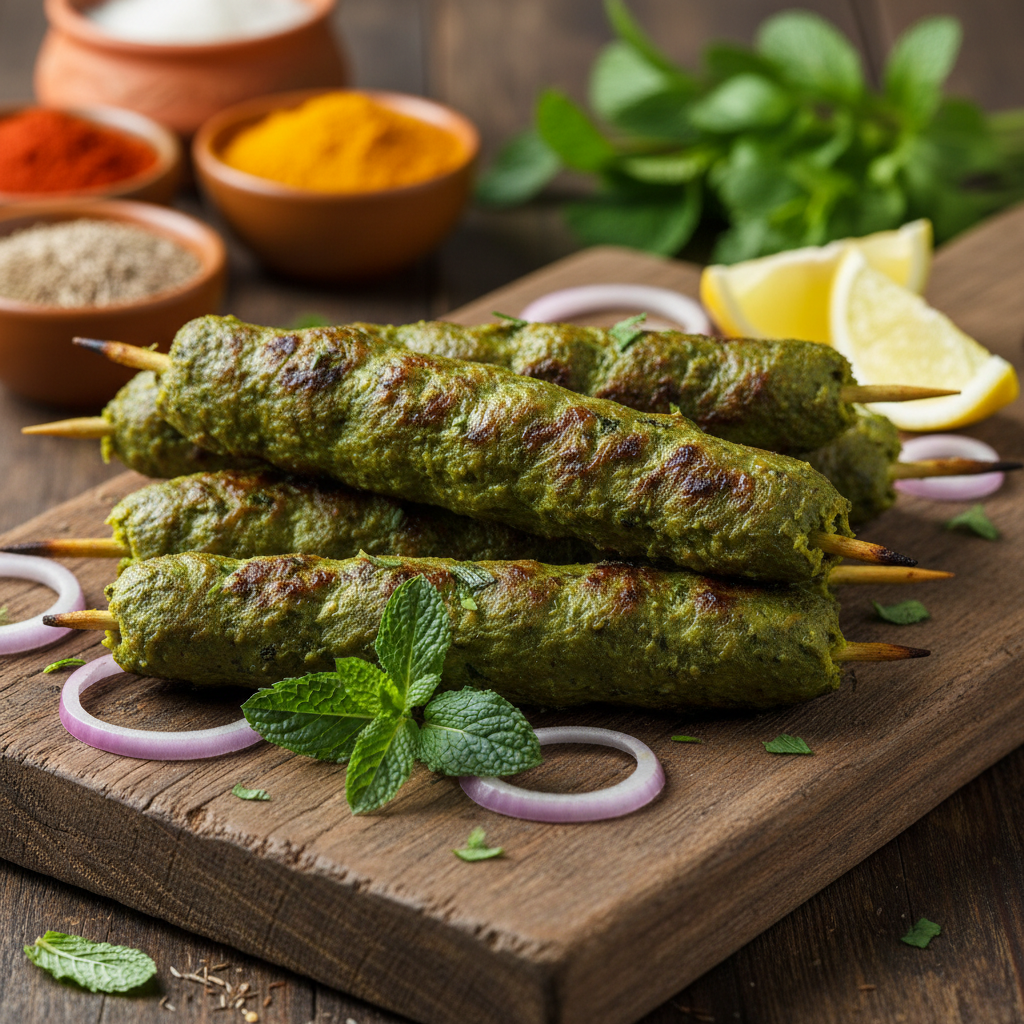 CHICKEN HARIYALI SEEK KABAB 500GMS

Experience the fresh and vibrant flavors of India with our Chicken Hariyali Seekh Kebab. Made from finely minced chicken blended with green herbs like coriander, mint, and aromatic spices, these kebabs deliver a deliciously refreshing and mildly spiced taste. Pre-cooked for convenience, they are ready to heat and serve for a quick, flavorful snack or meal.